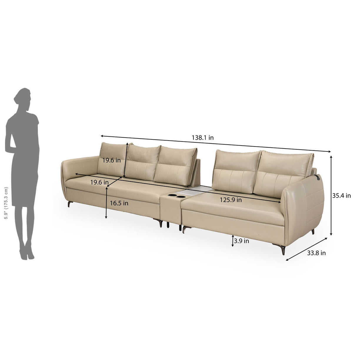 Infinia 3+2 Seater Leatherette Sofa Set with Rectangle Console- Beige