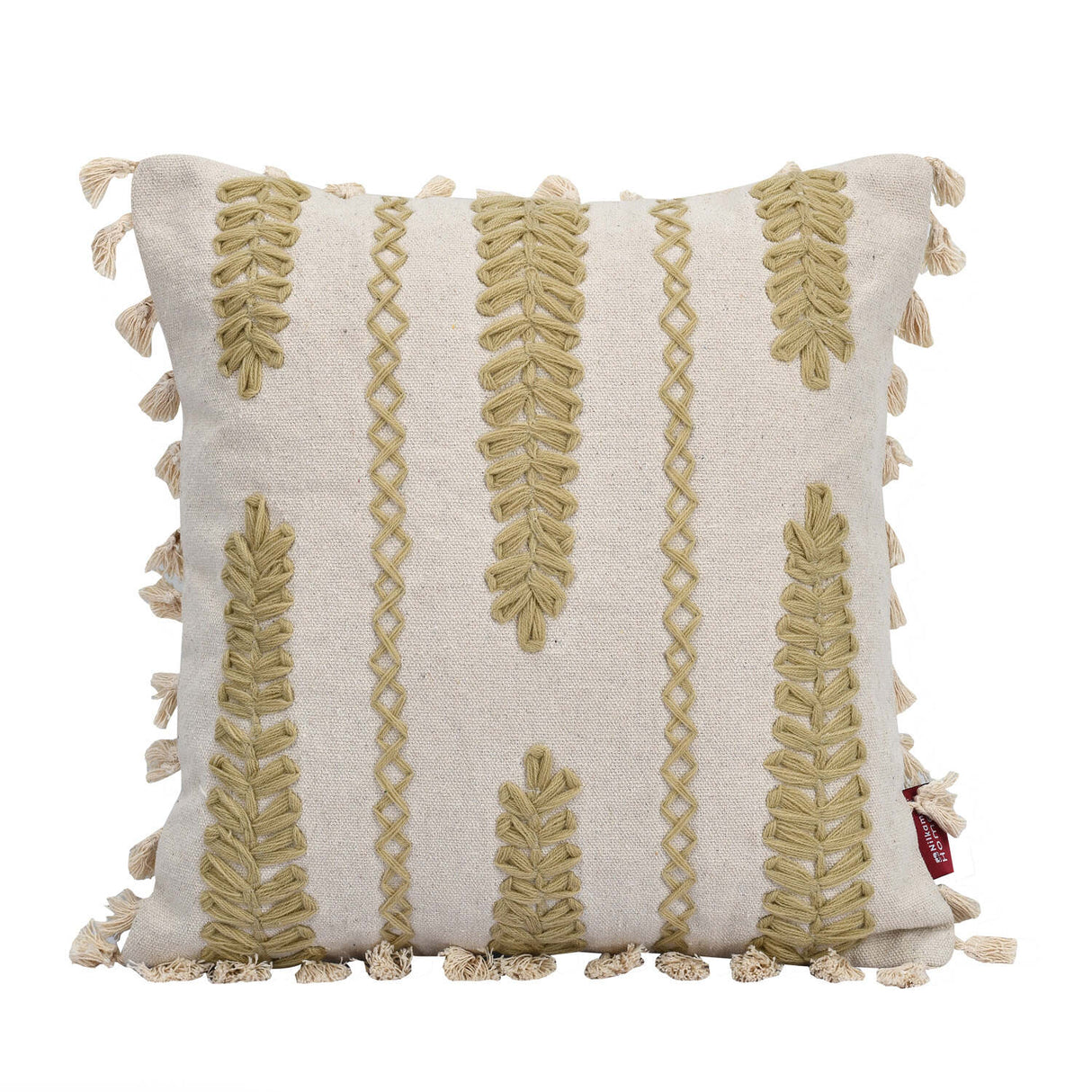 Mimosa Leaves Embroidered Cotton & Polyester 16" x 16" Cushion Cover (Beige)