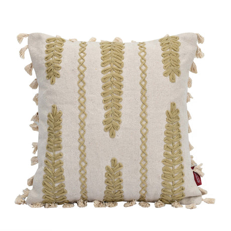 Mimosa Leaves Embroidered Cotton & Polyester 16" x 16" Cushion Cover (Beige)