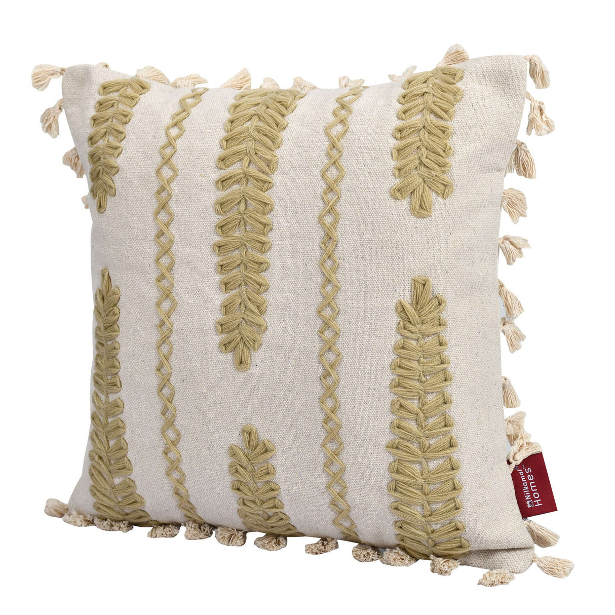 Mimosa Leaves Embroidered Cotton & Polyester 16" x 16" Cushion Cover (Beige)