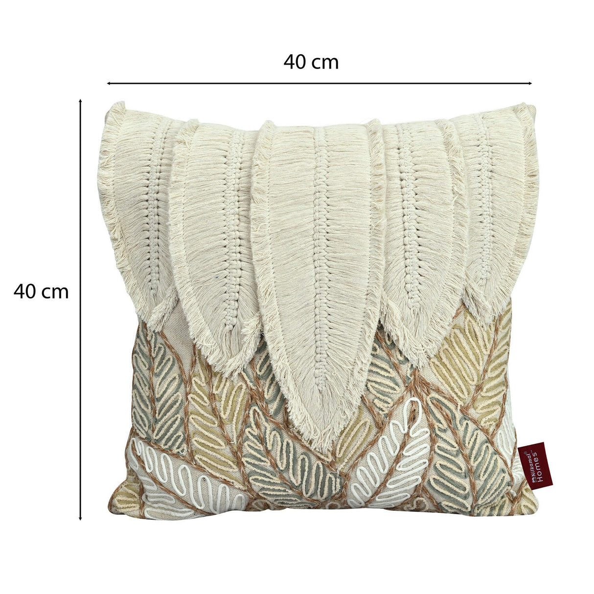 Five Leaves Embroidered Cotton & Polyester 16" x 16" Cushion Cover (Beige)