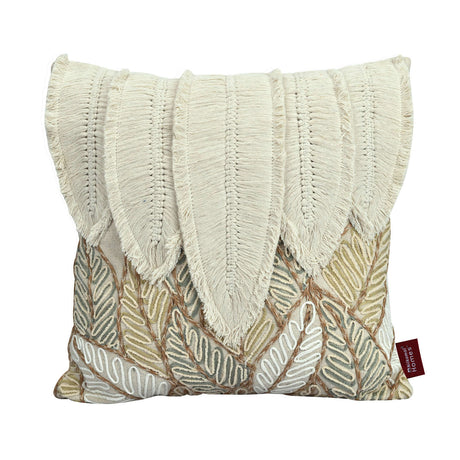 Five Leaves Embroidered Cotton & Polyester 16" x 16" Cushion Cover (Beige)
