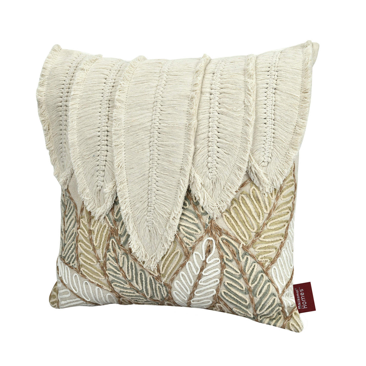 Five Leaves Embroidered Cotton & Polyester 16" x 16" Cushion Cover (Beige)