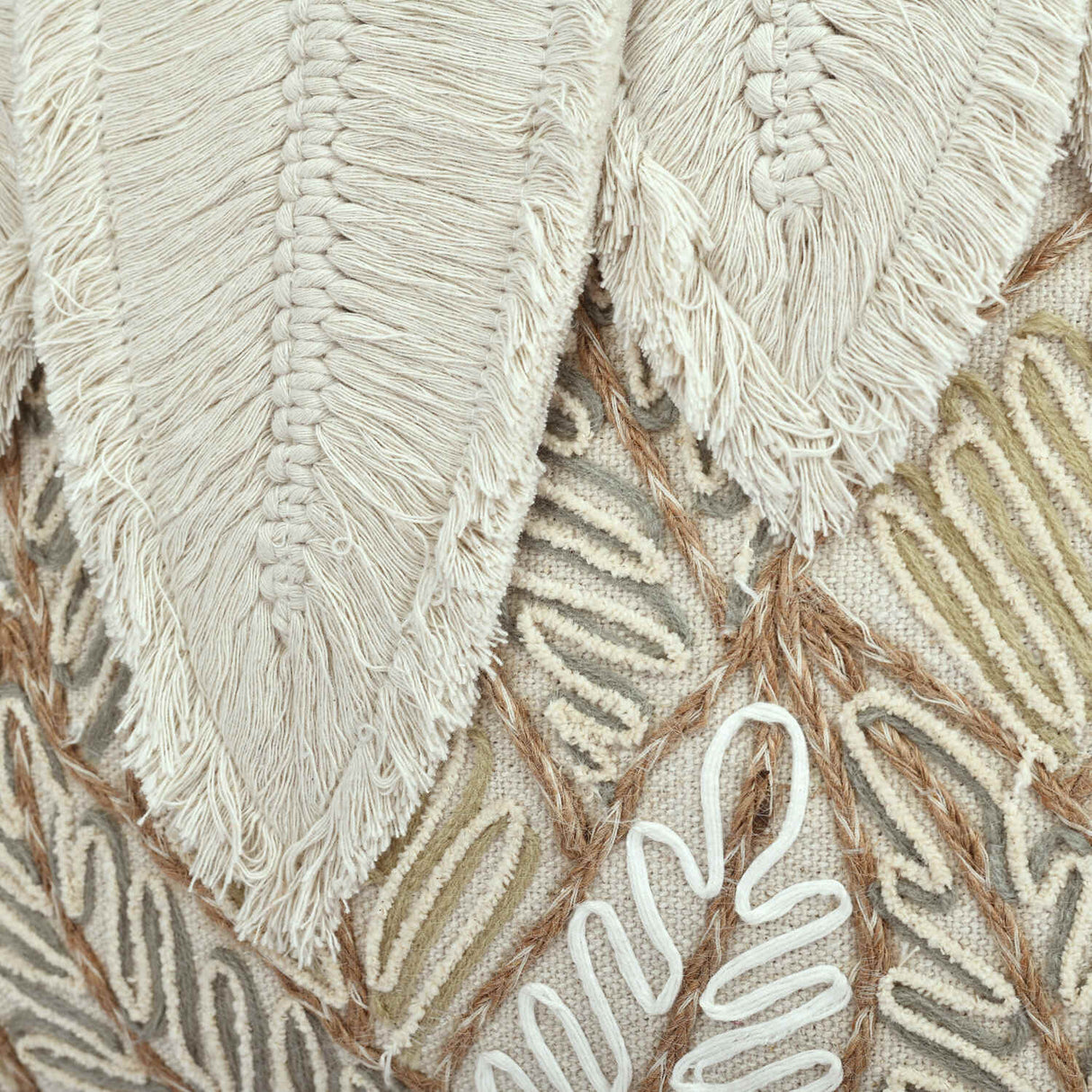 Five Leaves Embroidered Cotton & Polyester 16" x 16" Cushion Cover (Beige)