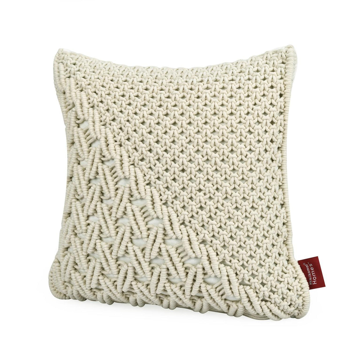 Abstract Pattern Cotton & Polyester 16" x 16" Macrame Cushion Cover (White)