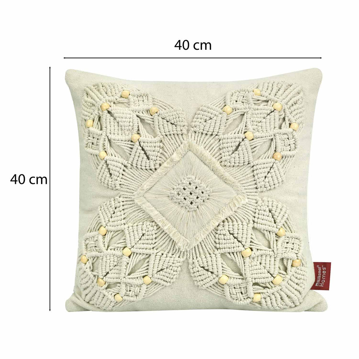 Floral Beads Cotton & Polyester 16" x 16" Macrame Cushion Cover (White)