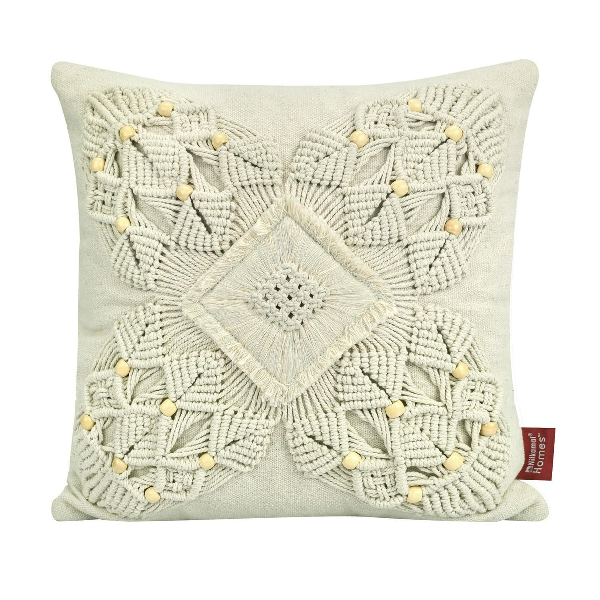 Floral Beads Cotton & Polyester 16" x 16" Macrame Cushion Cover (White)