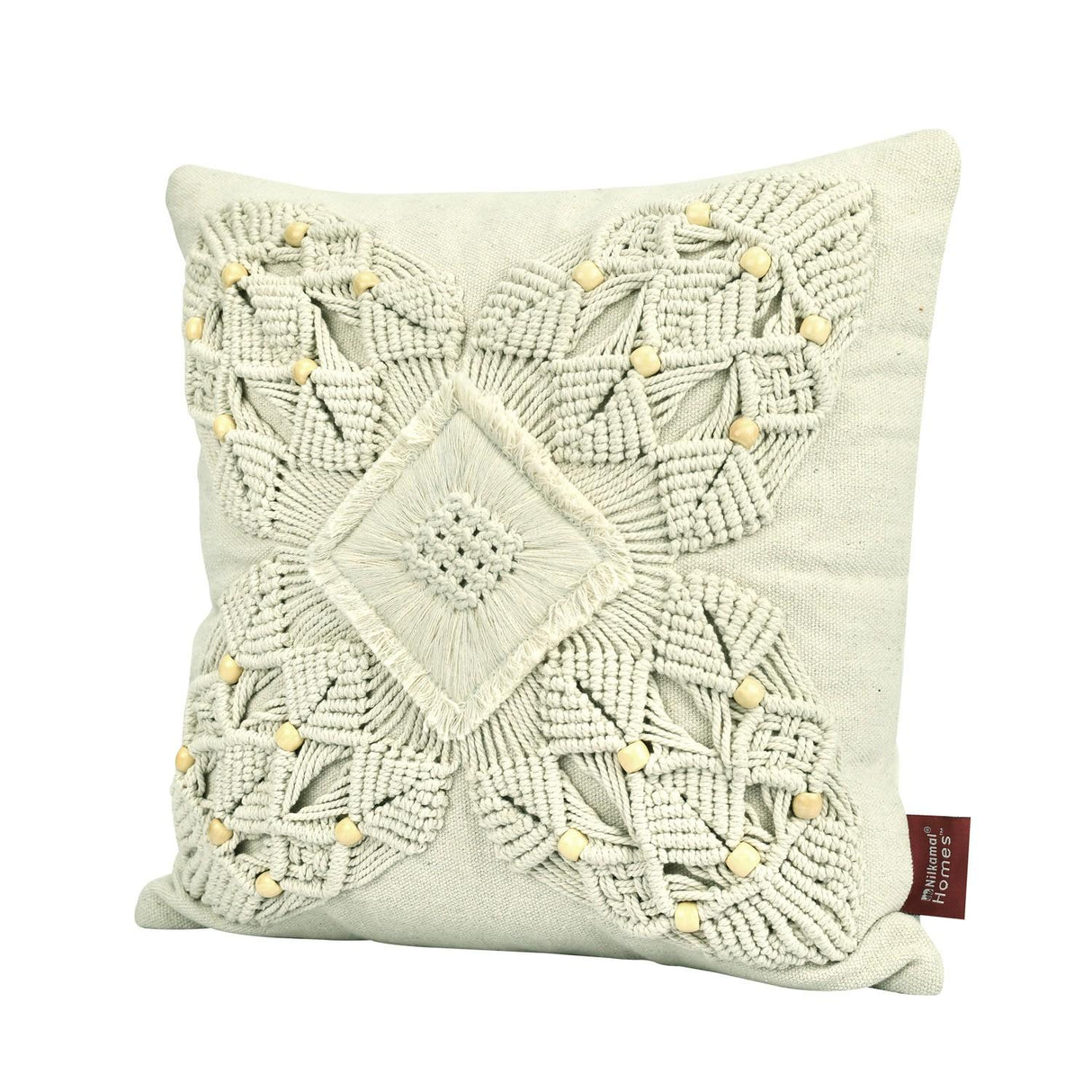 Floral Beads Cotton & Polyester 16" x 16" Macrame Cushion Cover (White)