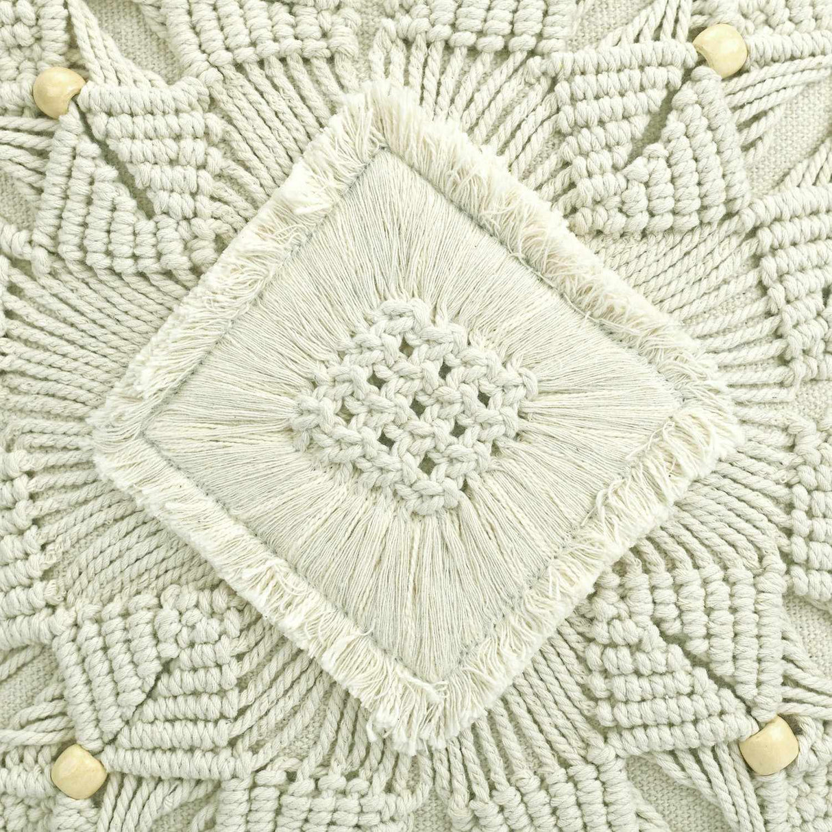 Floral Beads Cotton & Polyester 16" x 16" Macrame Cushion Cover (White)