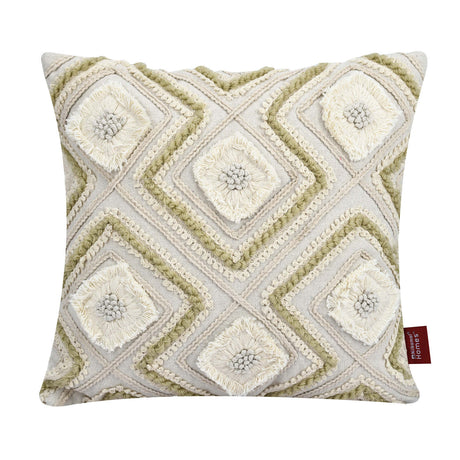 Geometric Embroidered Cotton & Polyester 16" x 16" Cushion Cover (Beige)