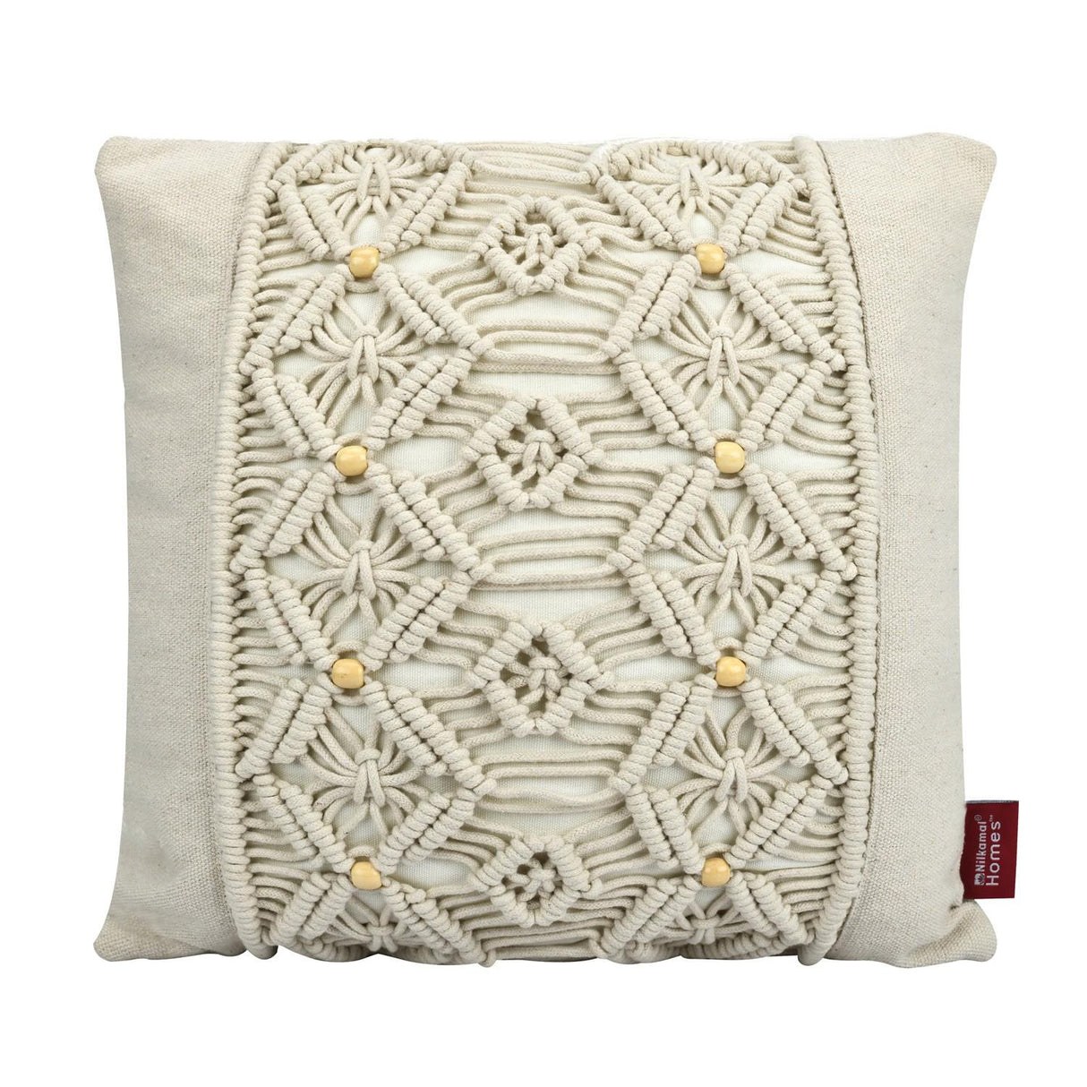 Diamond Beads Cotton & Polyester 16" x 16" Macrame Cushion Cover (White)