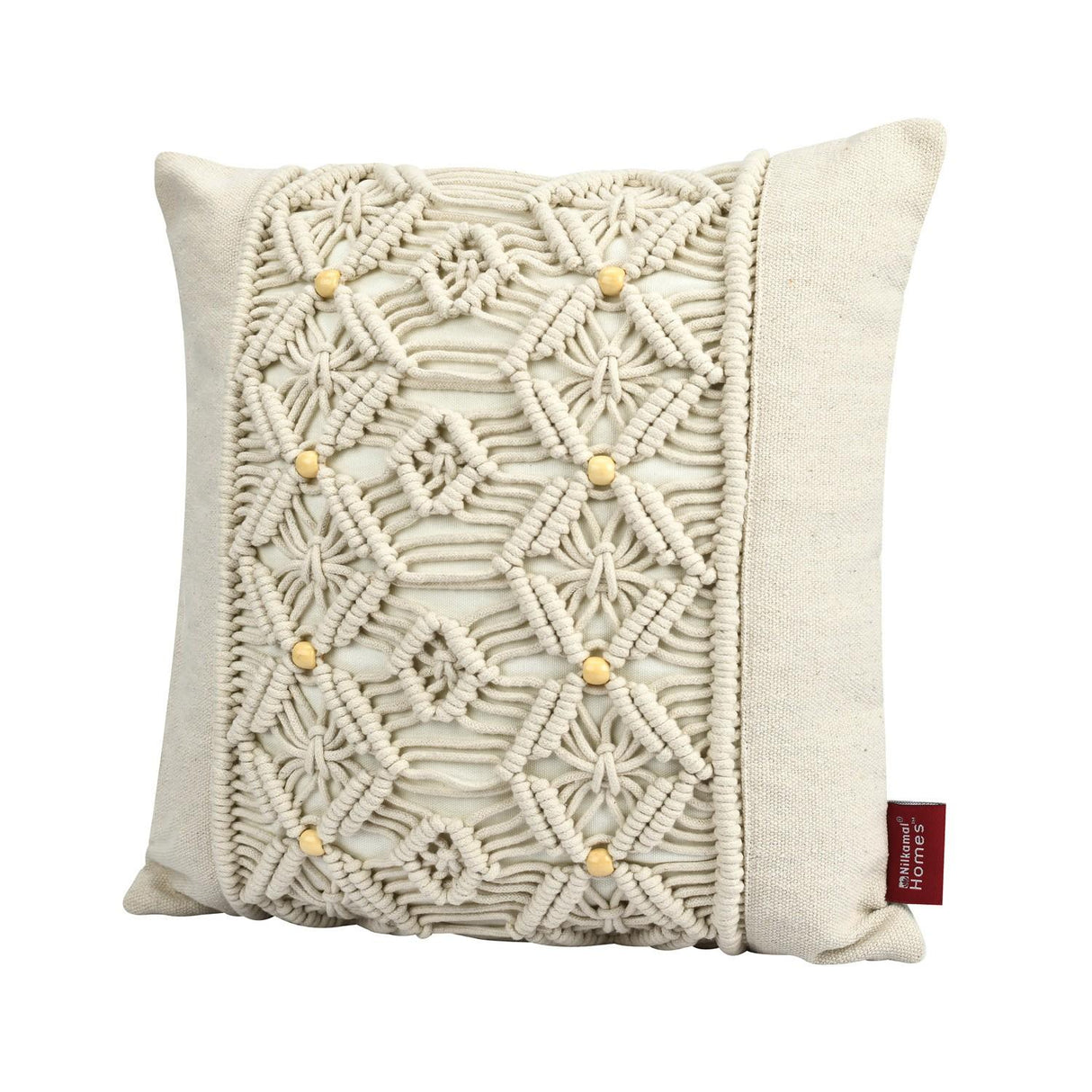 Diamond Beads Cotton & Polyester 16" x 16" Macrame Cushion Cover (White)