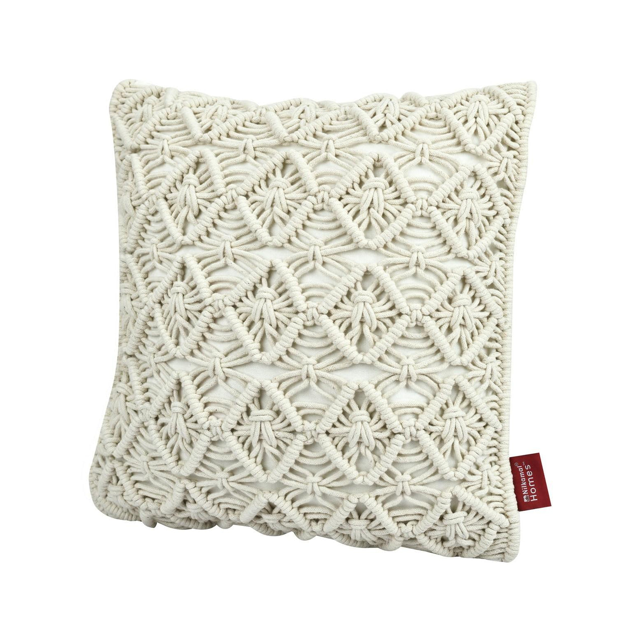 Diamond Pattern Cotton & Polyester 16" x 16" Macrame Cushion Cover (White)
