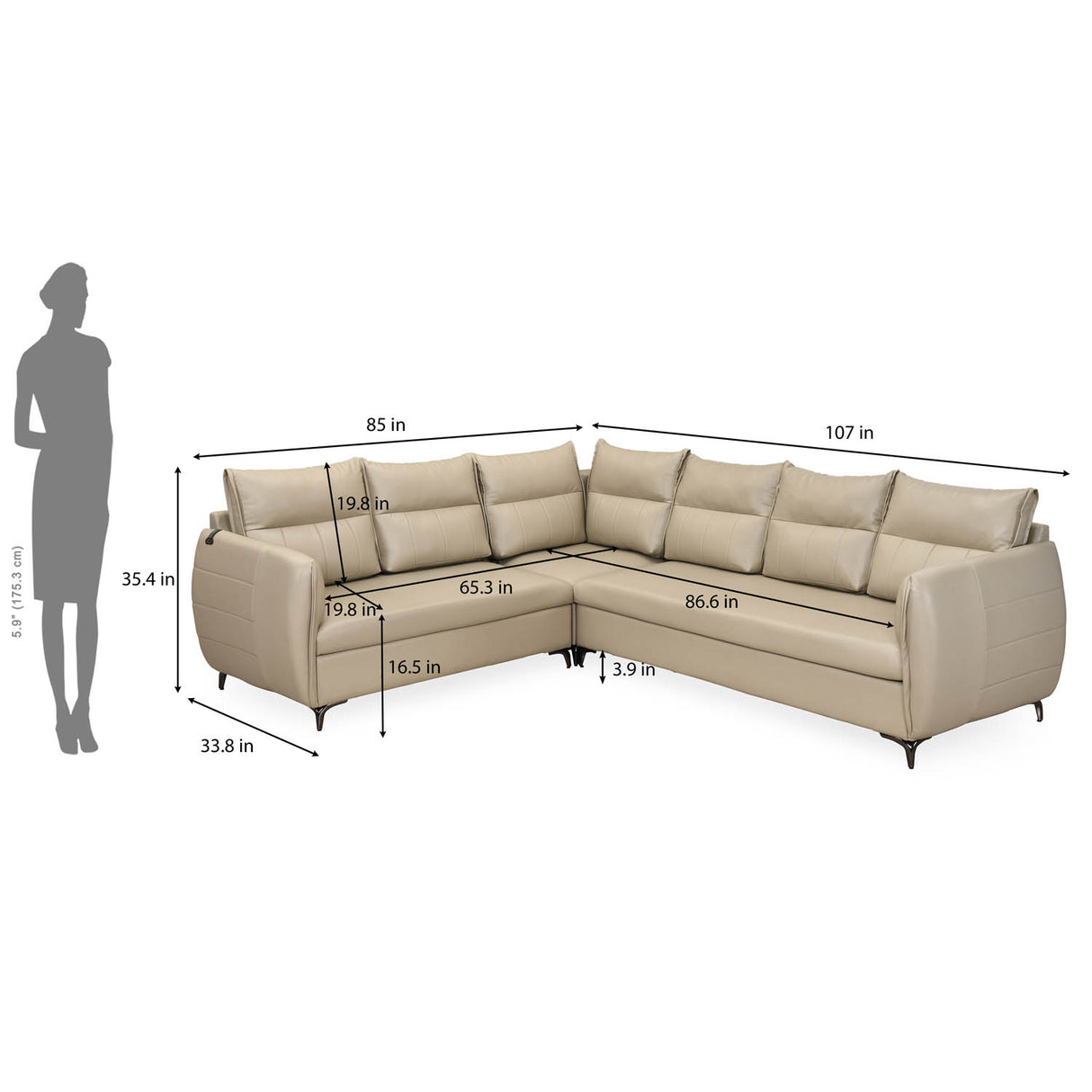 Infinia 3+2+1 Seater Leatherette Sofa Set with Right Corner Sofa- Beige