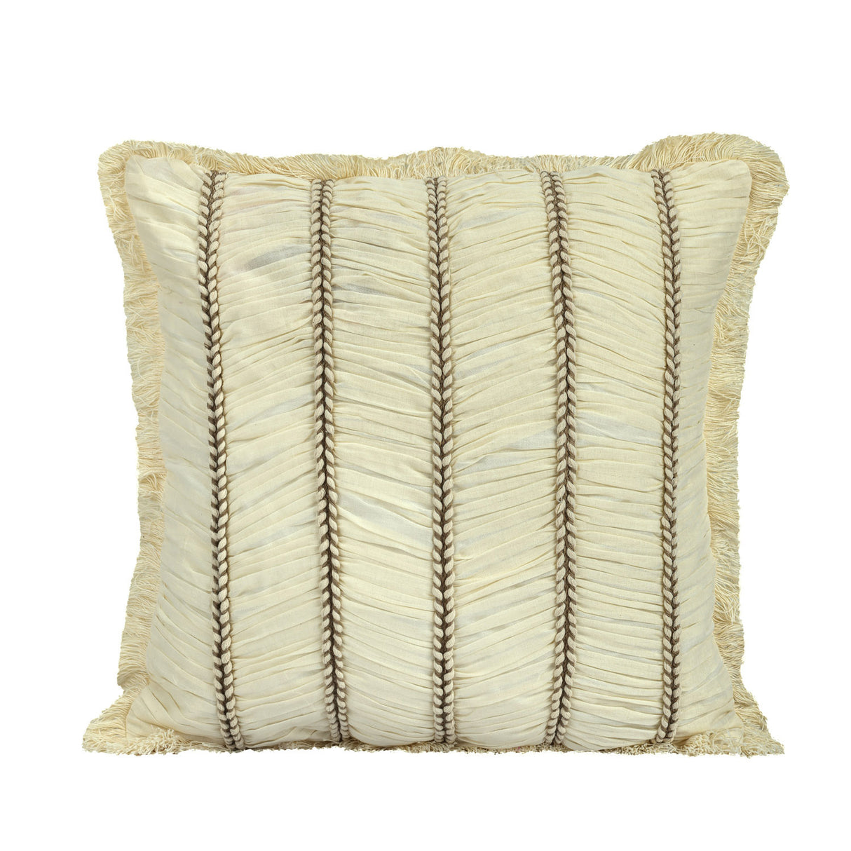 Textured cream cushion with pleated lines in white background 2