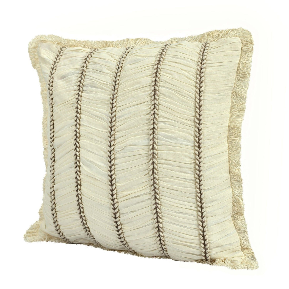 Textured cream cushion with pleated lines in white background inclined view 2
