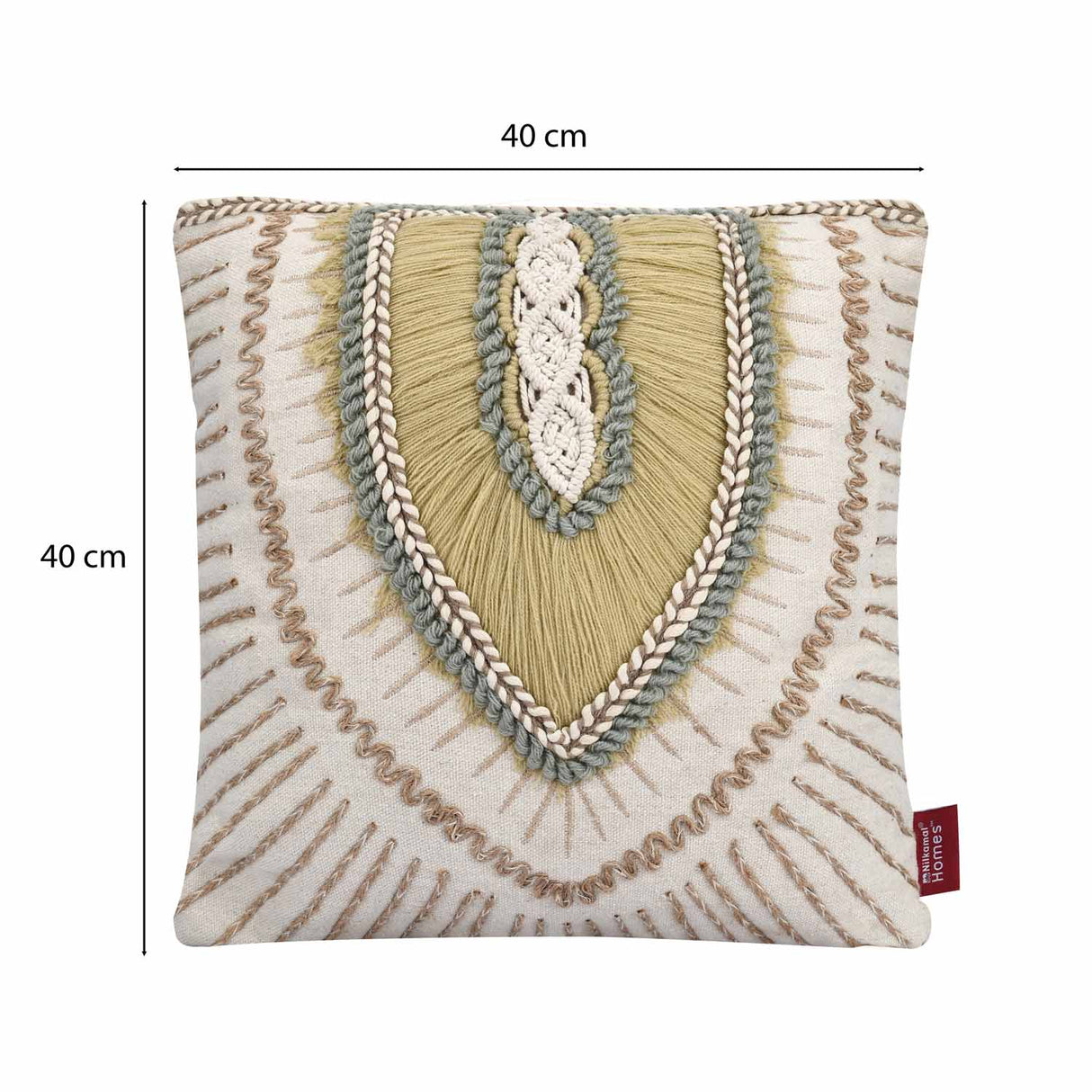 Leaf Embroidered Cotton & Polyester 16" x 16" Cushion Cover (Beige & Cream)