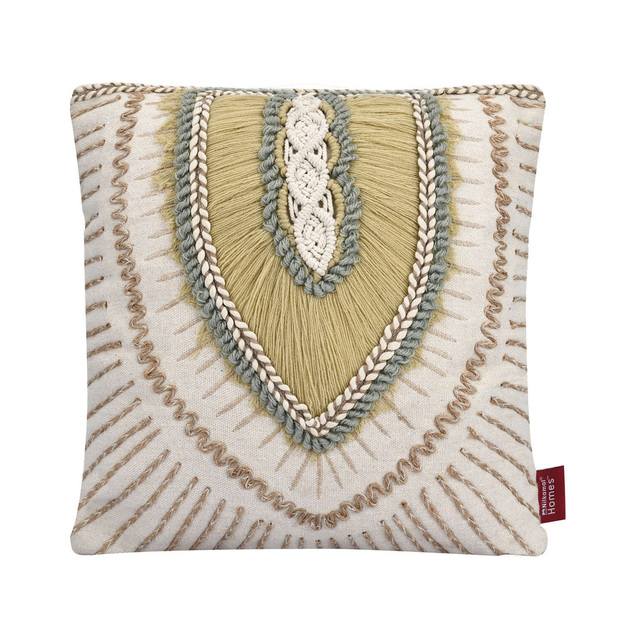 Leaf Embroidered Cotton & Polyester 16" x 16" Cushion Cover (Beige & Cream)