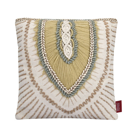 Leaf Embroidered Cotton & Polyester 16" x 16" Cushion Cover (Beige & Cream)