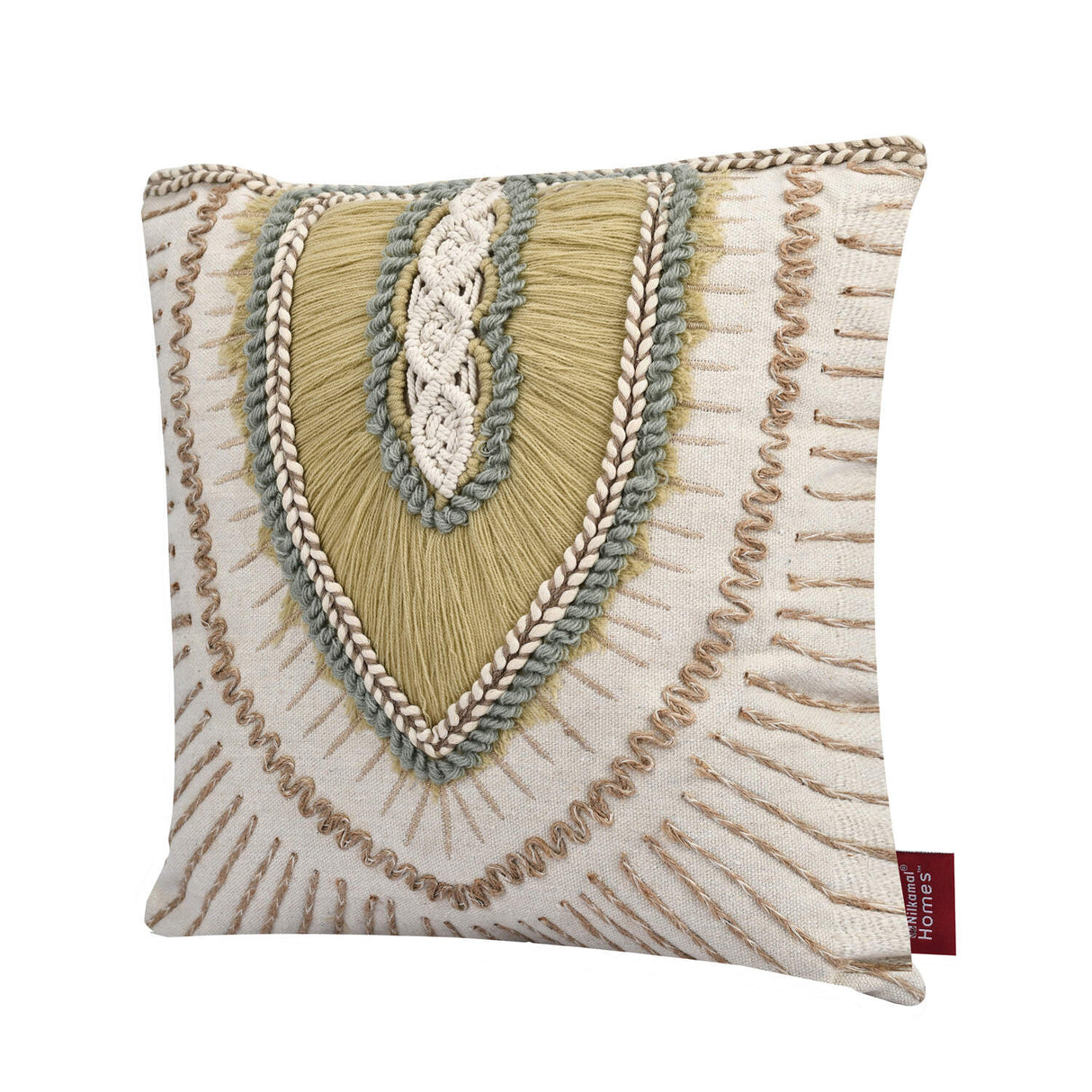 Leaf Embroidered Cotton & Polyester 16" x 16" Cushion Cover (Beige & Cream)