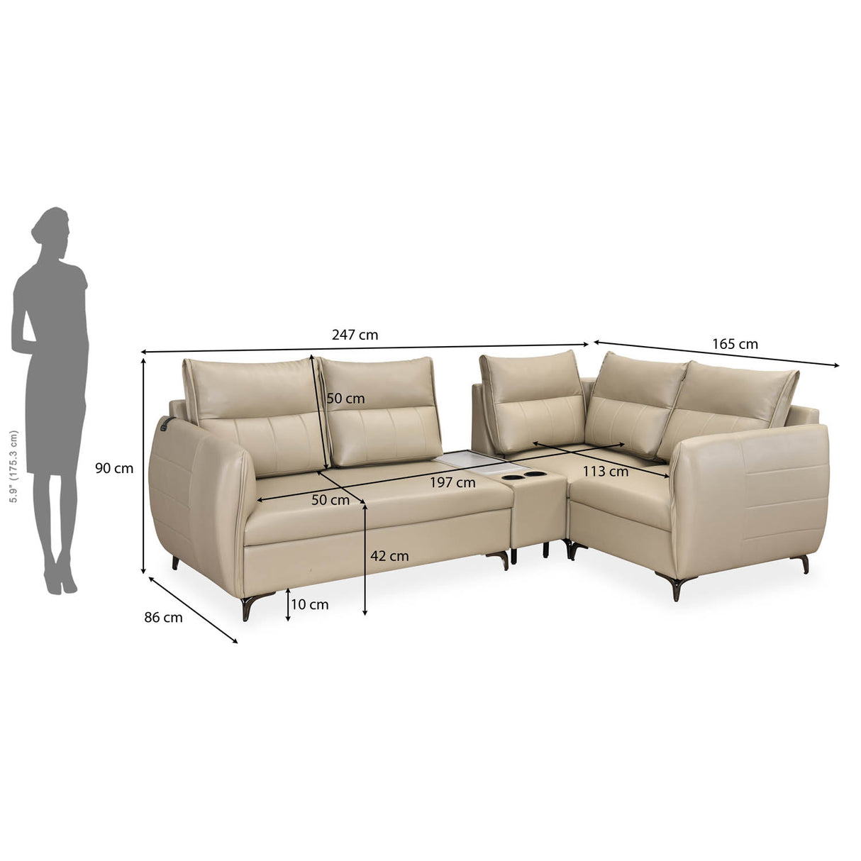 Infinia 2+1+1 Seater Leatherette Sofa Set with Left Corner Sofa and Rectangle Console- Beige