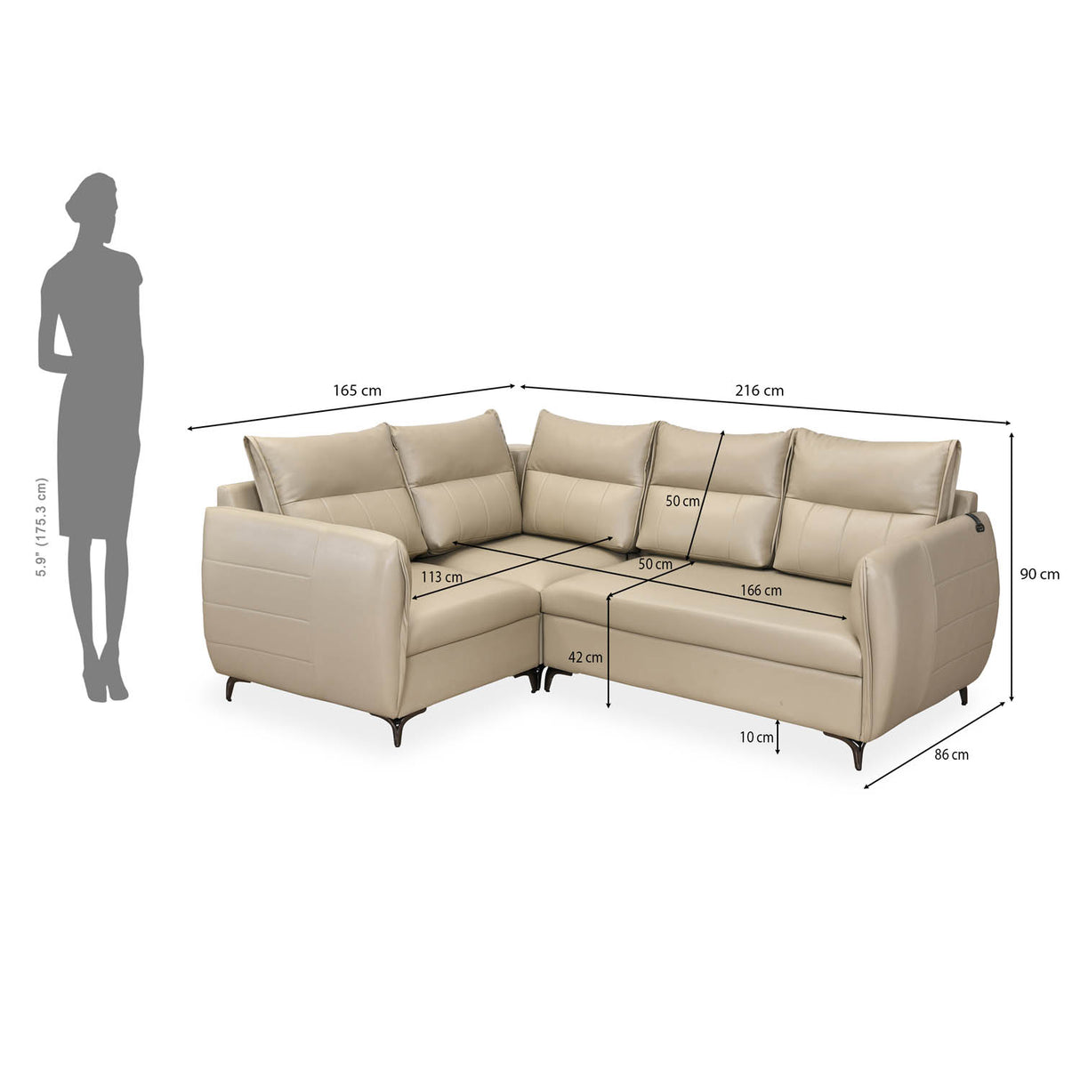 Infinia 2+1+1 Seater Leatherette Sofa Set with Right Corner Sofa- Beige