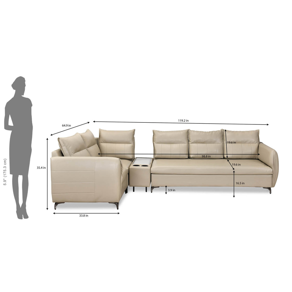 Infinia 3+1+1 Seater Leatherette Sofa Set with Right Corner Sofa and Rectangle Console- Beige