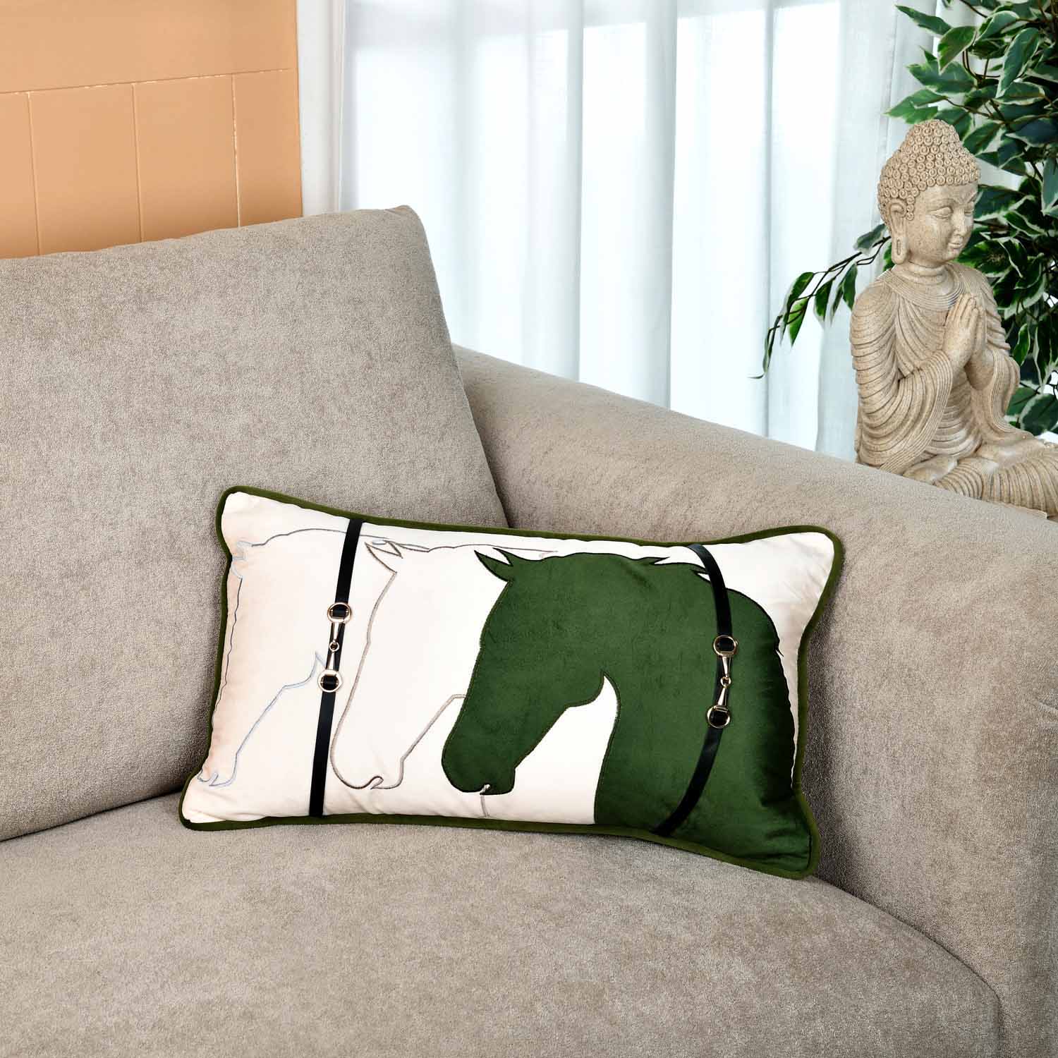 Horse Belt Pattern Velvet Filled Cushion - Green and Off-white Cushion