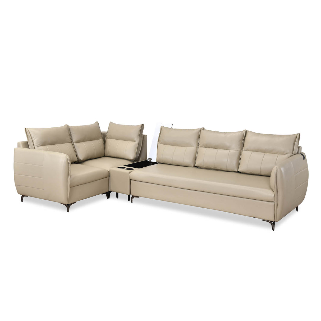 Infinia 3+1+1 Seater Leatherette Sofa Set with Right Corner Sofa and Rectangle Console- Beige