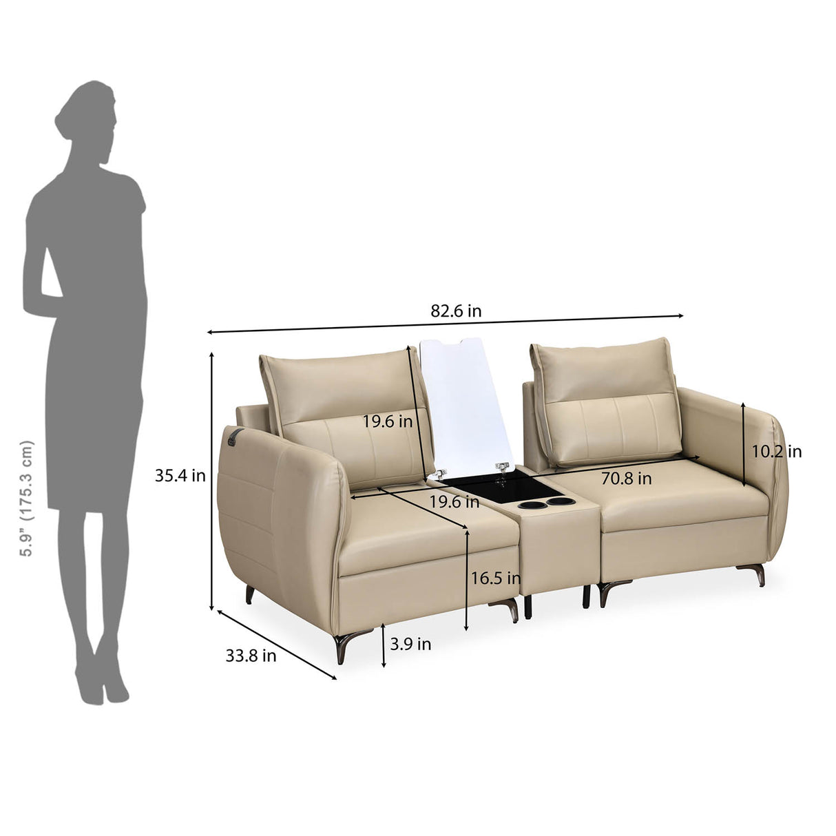 Infinia 2 Seater Leatherette Sofa with Triangle Console- Beige
