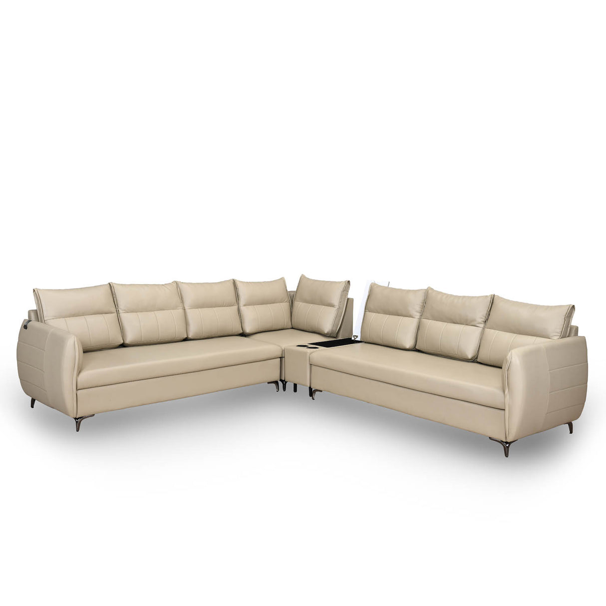 Infinia 3+3+1 Seater Leatherette Sofa Set with Right Corner Sofa and Rectangle Console- Beige