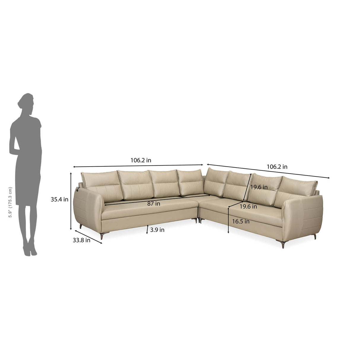 Infinia 3+3+1 Seater Leatherette Sofa Set with Right Corner Sofa- Beige