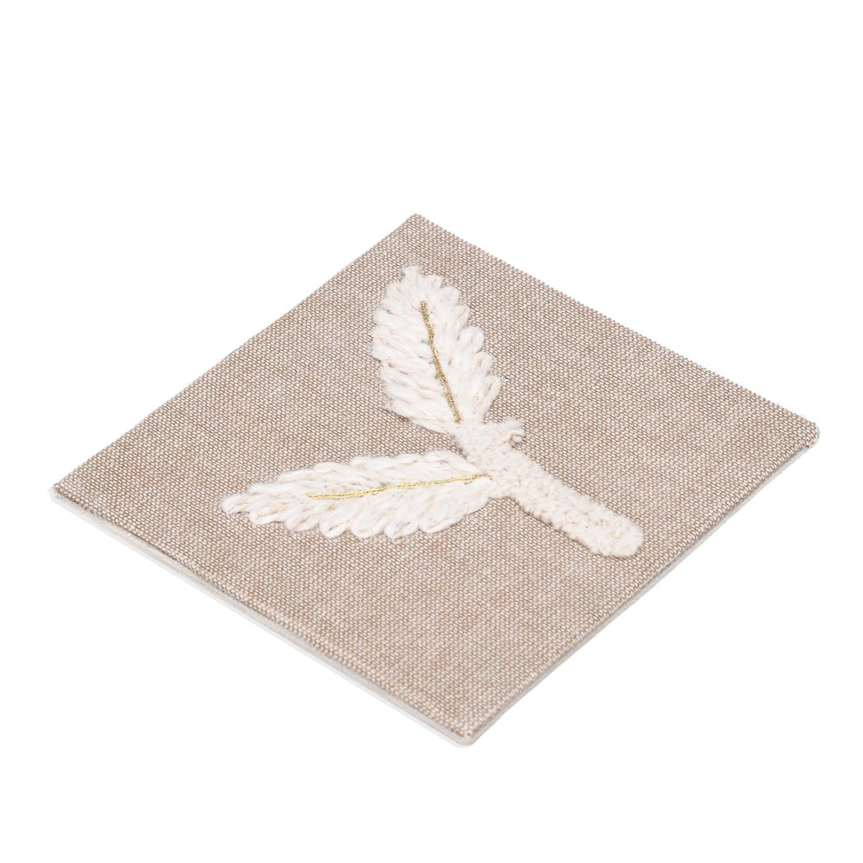 Leaves Embroidered Chambray Coaster Set of 4- Beige
