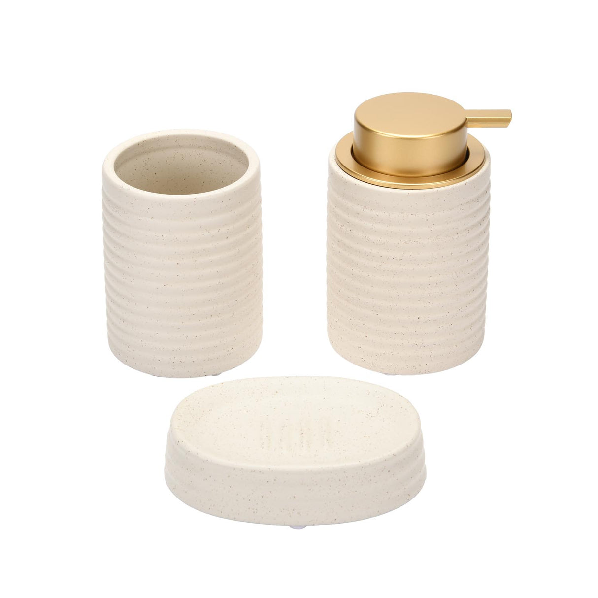 Fluted Stoneware Bath Accessories Set of 3- Cream
