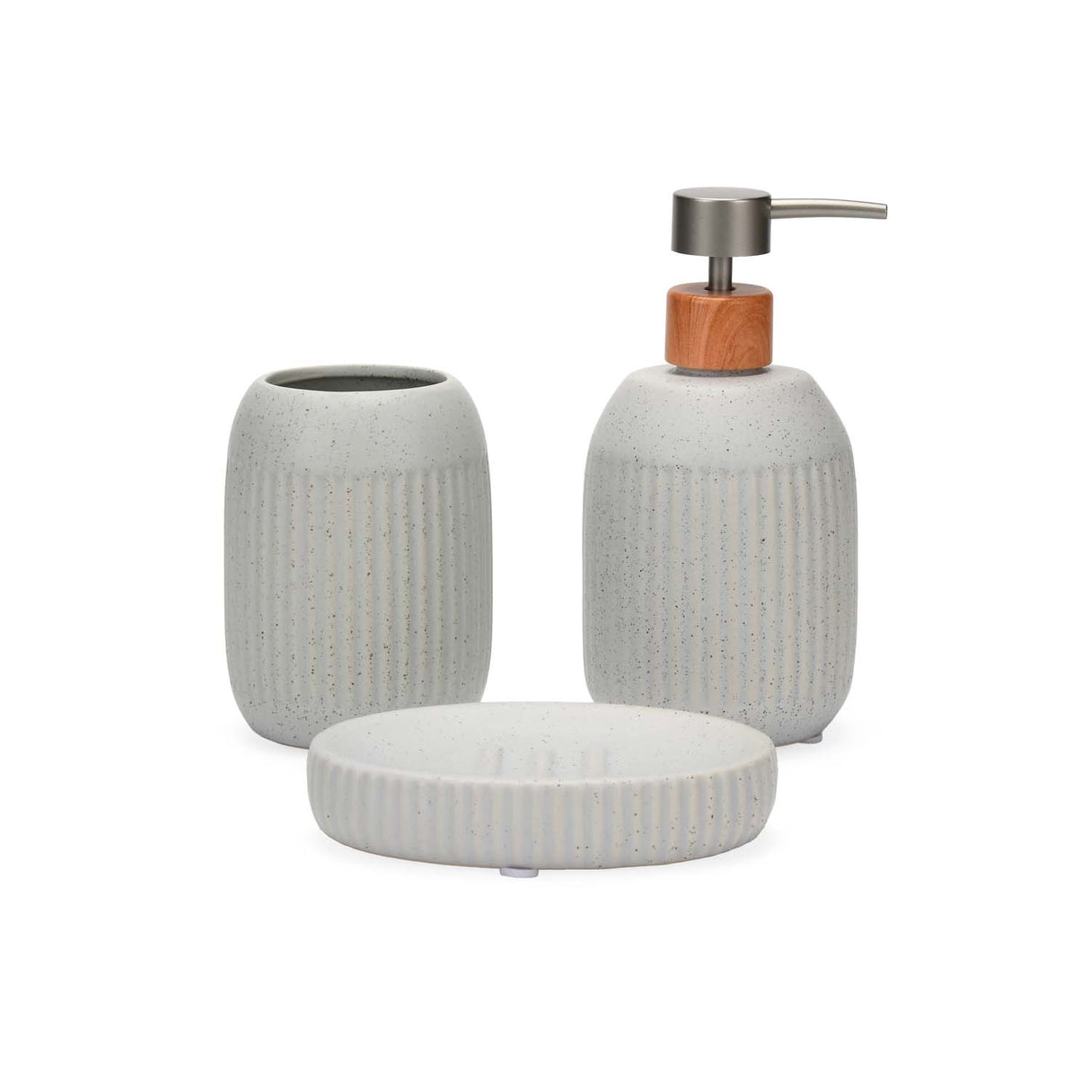 Ribbed Stoneware Bath Accessories Set of 3- Grey