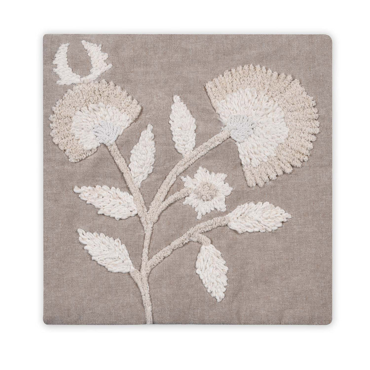 Floral Embroidered Cotton & Polyester 16" x 16" Cushion Cover- Beige