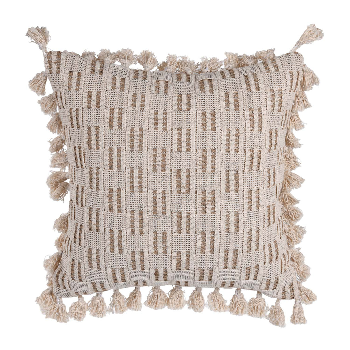 Checks Embroidered Cotton & Polyester 16" x 16" Cushion Cover- Beige & Brown