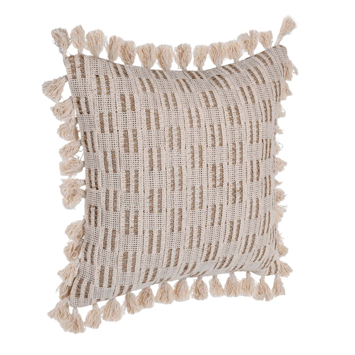 Checks Embroidered Cotton & Polyester 16" x 16" Cushion Cover- Beige & Brown