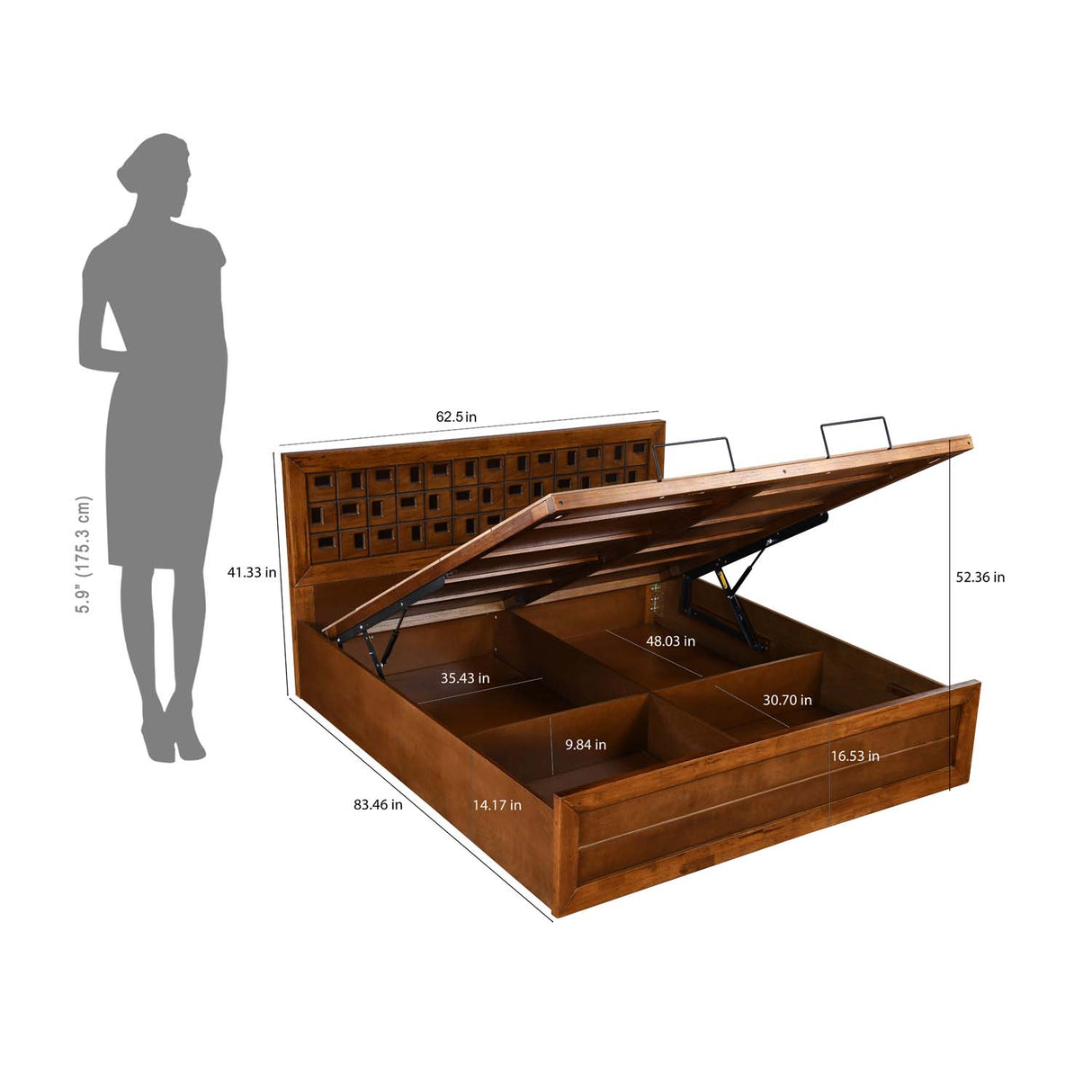 Hedron Queen Bed with Hydraulic Storage- Antique Cherry