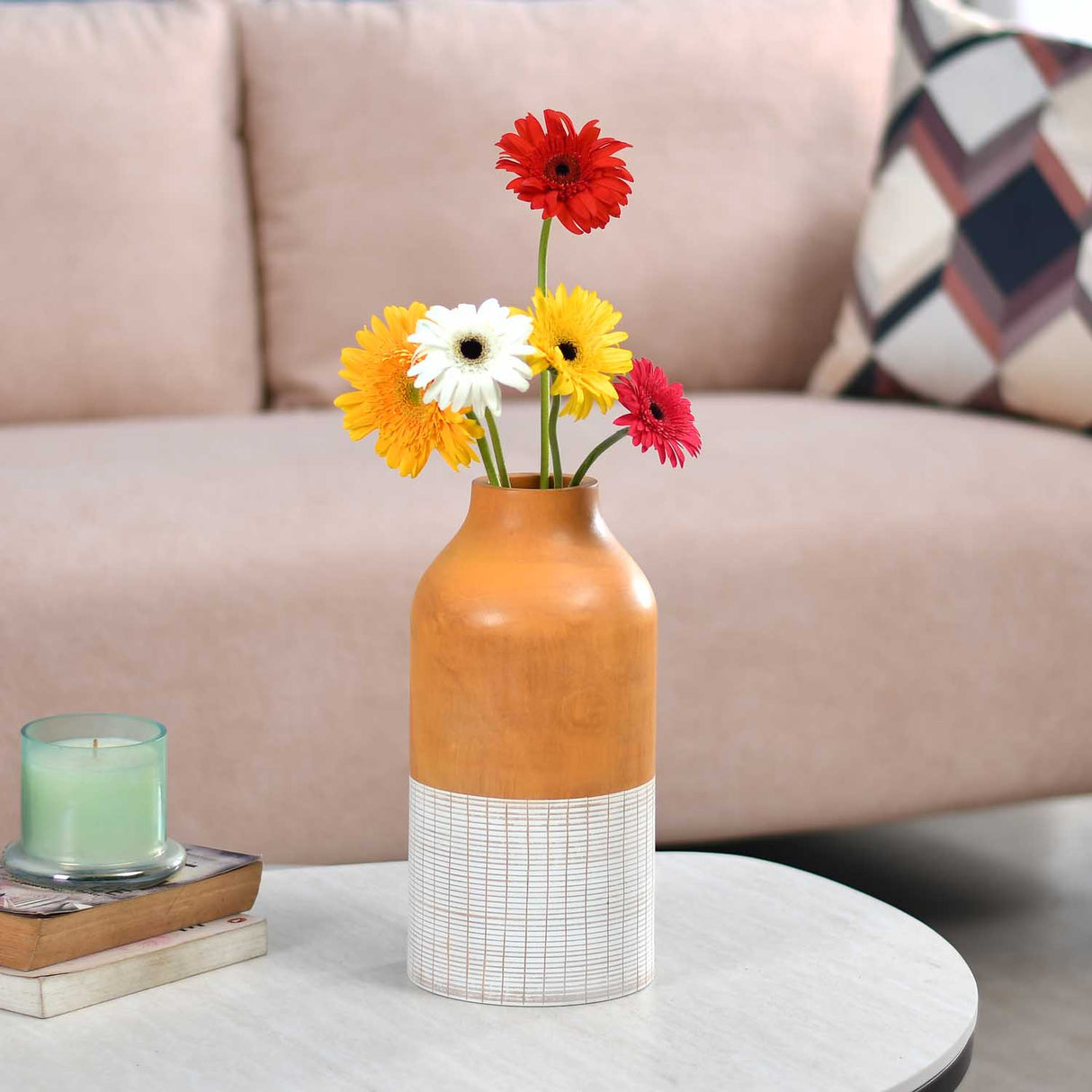 Dual Tone Wooden Table Vase Large Size- Brown and White