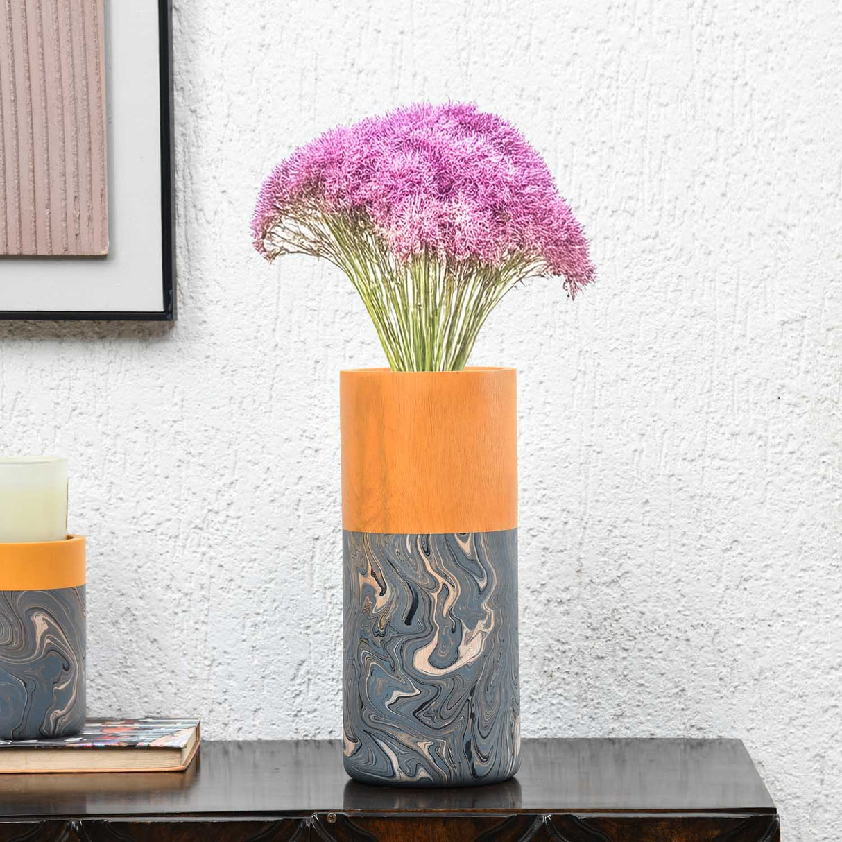Dual Tone Wooden Table Vase Marble Finish Large Size- Brown and Grey