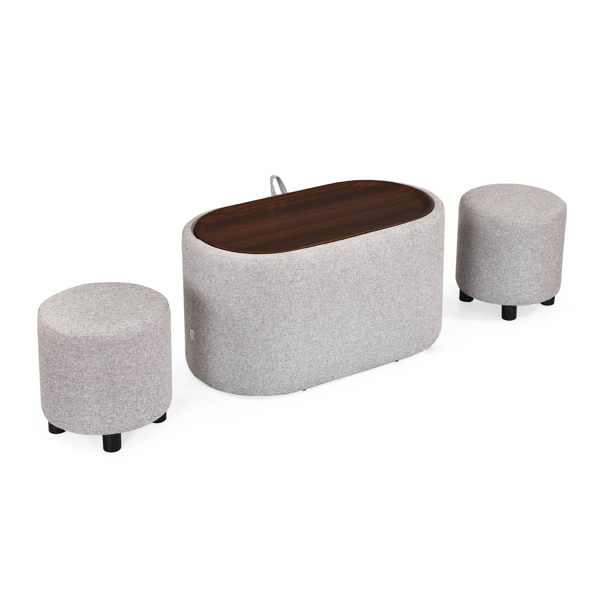 Dennis Center Table with Storage and 2 Poufs- Grey