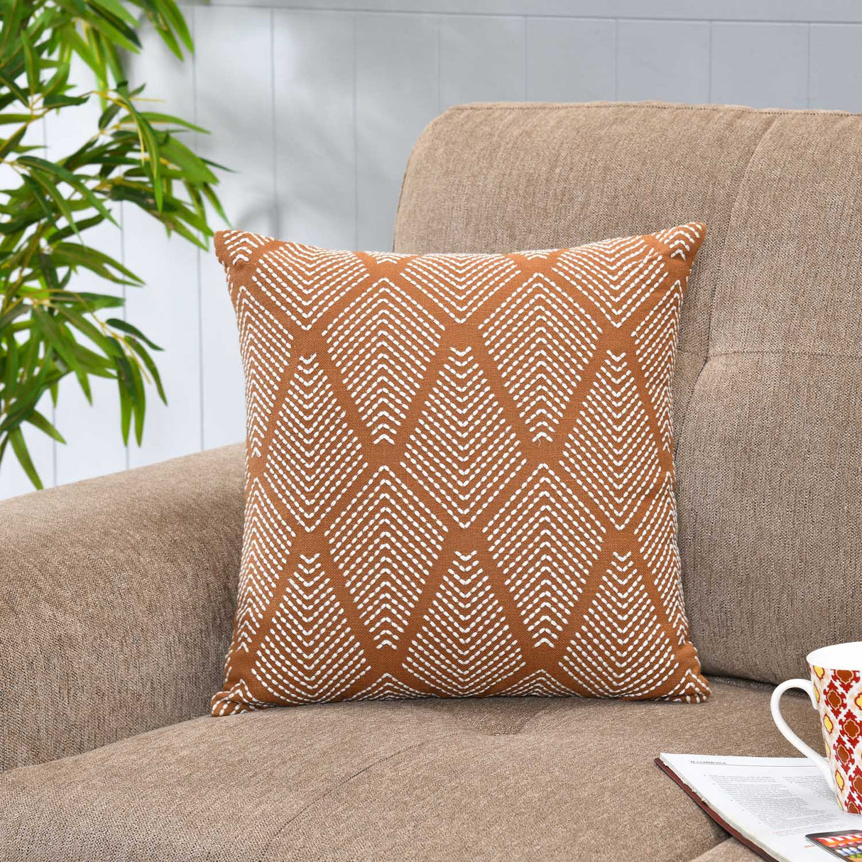 Rhombus Pattern Cotton Cushion Cover- Rust