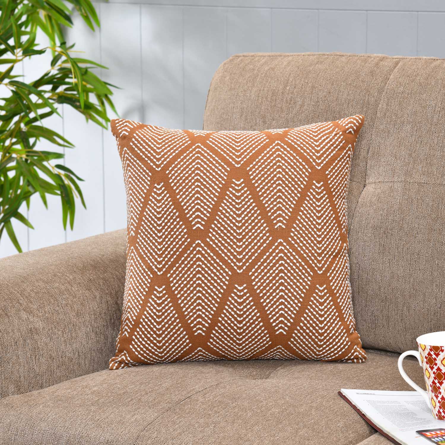 Rhombus Pattern Cotton Cushion Cover- Rust