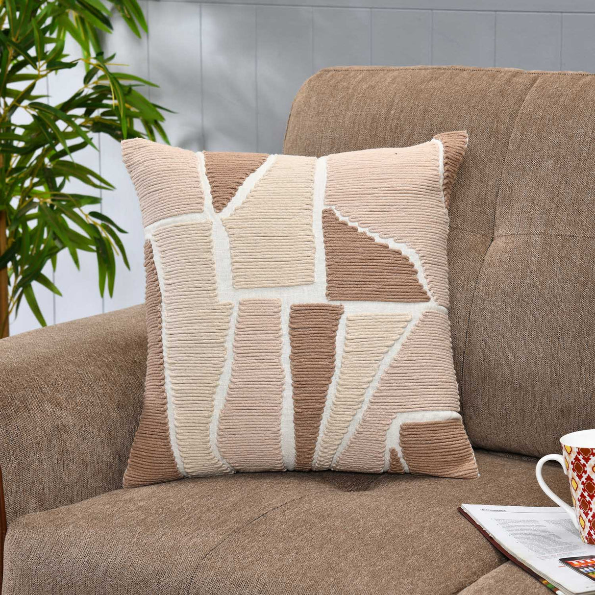 Abstract Patch Pattern Cotton Cushion Cover- Brown