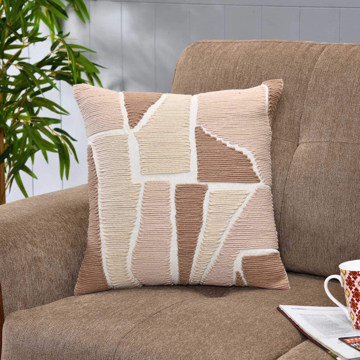 Abstract Patch Pattern Cotton Cushion Cover- Brown