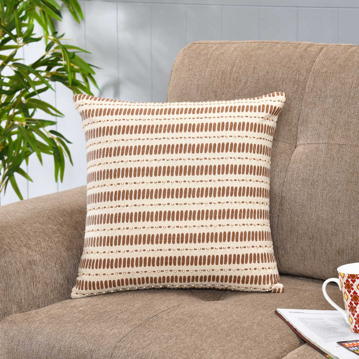 Small Lines Pattern Cotton Cushion Cover- Brown