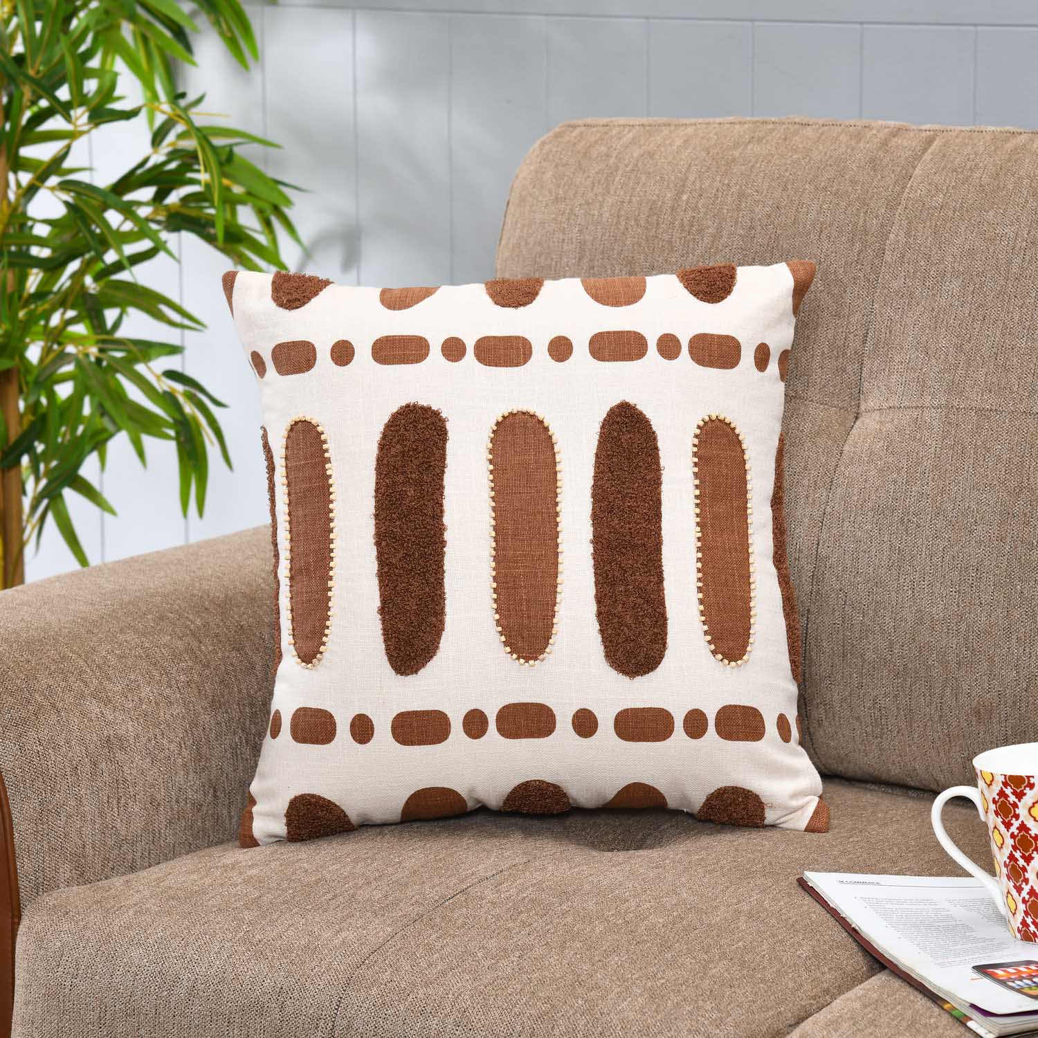 Oval Patch Pattern Cotton Cushion Cover- Brown
