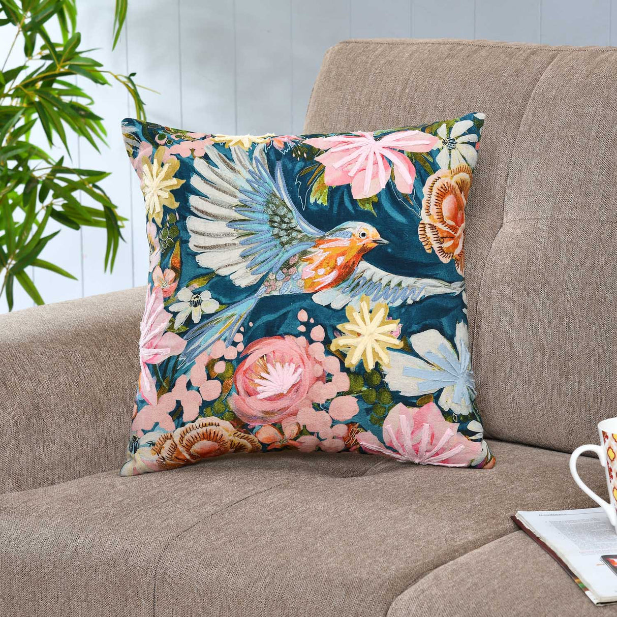 Blooming Bird Cotton Cushion Cover- Multicolor