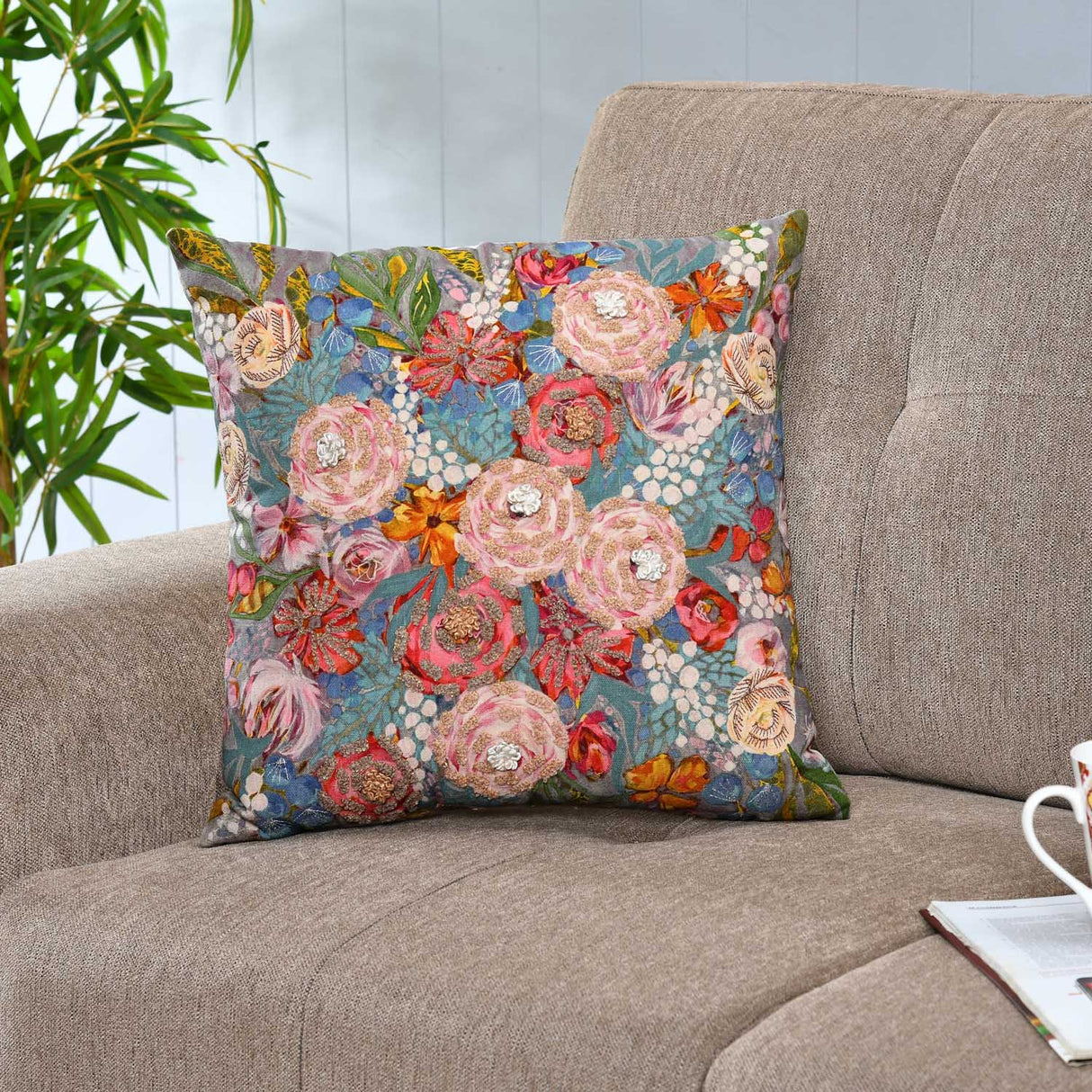 Floral Bunch Cotton Cushion Cover- Multicolor
